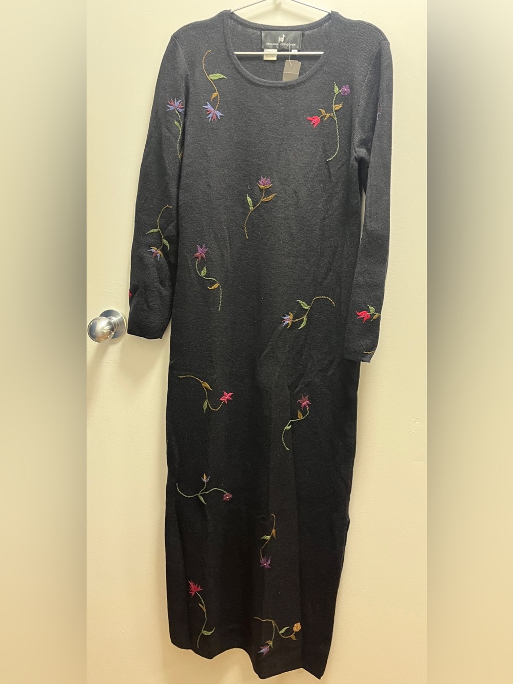Peruvian Connection Black Maxi Dress with Multicolor Floral Embroidery